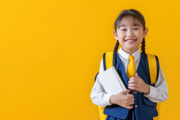 A young girl wearing a yellow vest and a blue shirt is holding a book. She is smiling and she is happy