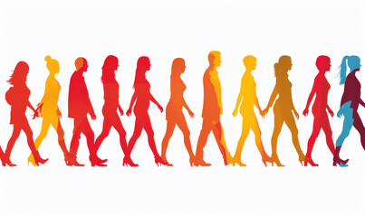 A group of people walking in a line. The people are of different ages and genders
