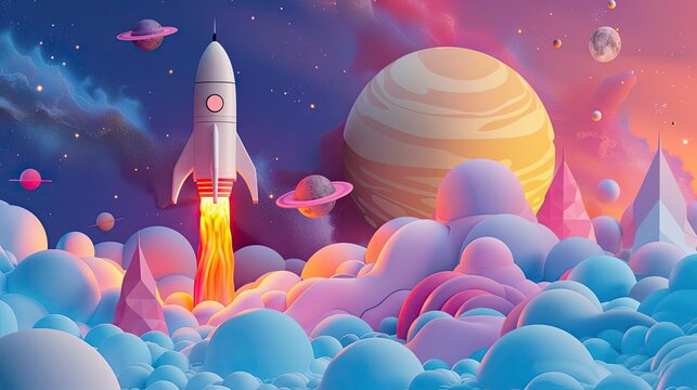 A rocket ship blasts off into space, leaving behind a trail of fire and smoke. The ship is surrounded by planets, stars, and clouds.