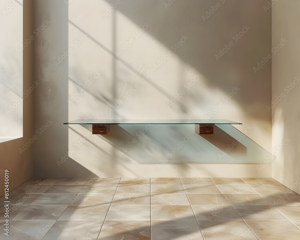 Poster floating glass table in modern home display with sleek and minimal design for product showcasing and