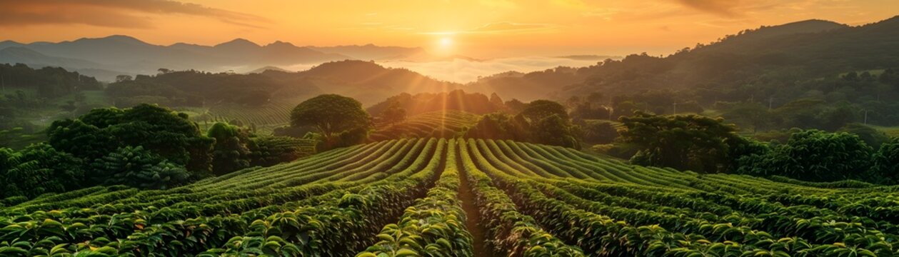 Aerial view of a vibrant coffee plantation at sunrise with rows of lush green coffee trees and a scenic mountainous backdrop