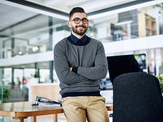 Laugh, crossed arms and portrait of business man in office with company pride, confidence and smile. Creative startup, professional agency and person for career, work and job in modern workplace