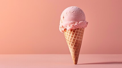Ice cream in a cone in a color of the year 2024 peach fuzz on a pastel peach background