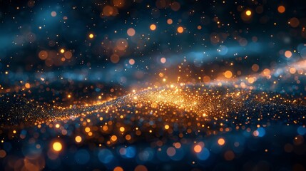 Fototapeta premium An enchanting display of golden sparkles intermingling with blue bokeh lights, creating a magical and dreamy atmosphere.