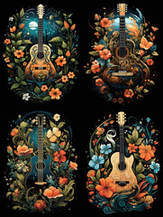 Guitar T-shirt design with colorful floral decoration on black background