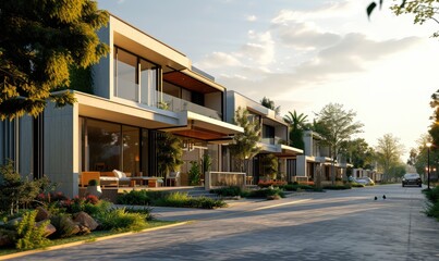 Luxury residential home building with modern design white private townhouses architecture exterior on sunset sky