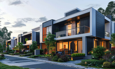 Minimalist modern architecture exterior with contemporary elegant modular gray townhouses in urban residential
