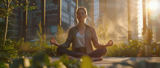 Woman meditates in an urban garden, the city's golden sunlight bathing her in warmth.