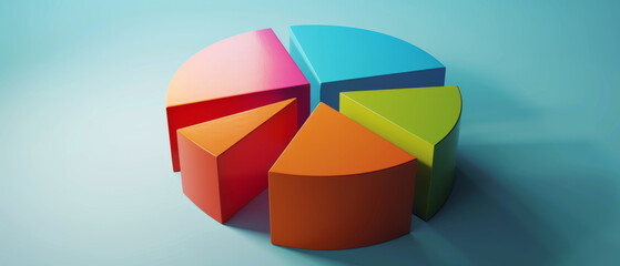 A 3D pie chart stands out with its bold colors against a cool blue background, symbolizing data analysis.