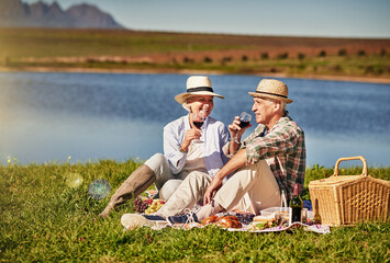 Senior couple, wine glasses and picnic in outdoor for love, romance and relax by lake in nature....