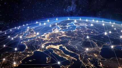 This image shows a night view of the Earth from space with illuminated network lines connecting different continents