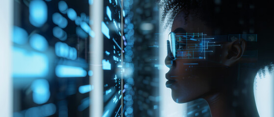 A woman's silhouette interfacing with futuristic technology, a blend of human and data.