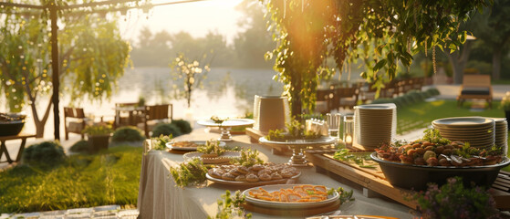 Sunset glow adorns a serene outdoor buffet setup by the lake.