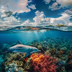 Above and below surface of the Caribbean sea with coral reef and dolphin underwater and a cloudy blue sky