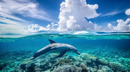 Above and below surface of the Caribbean sea with coral reef and dolphin underwater and a cloudy blue sky