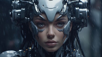 Close up of a female android face with futuristic robotic details and glowing elements. Beautiful female robotic humanoid face wear robotic gear with blurring futuristic background. Technology. AIG35.