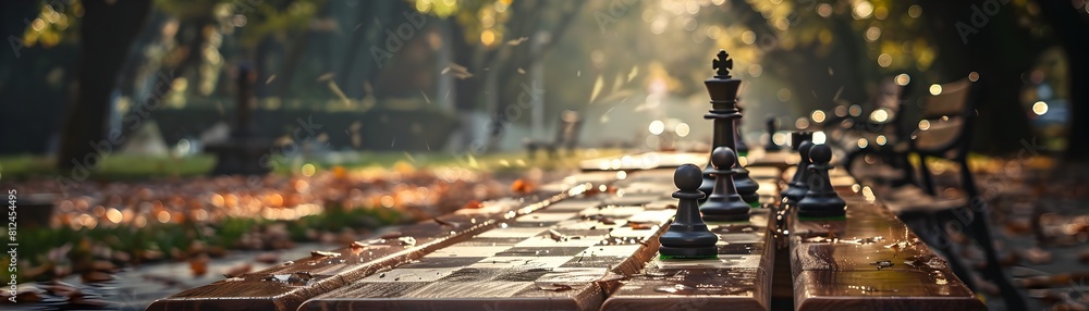 Poster chess table in an autumnal park setting creating an intellectual and leisure themed scene for produc