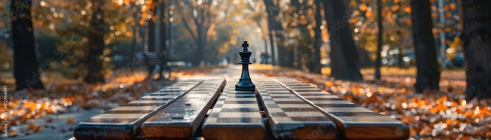Poster chess table in tranquil autumn park setting perfect for displaying intellectual leisure products