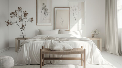 In the serene interior of a white bedroom, posters hang above the bed, soft sunlight filters through sheer curtains, casting a gentle radiance, flowers arranged on a wooden stool and pouf 
