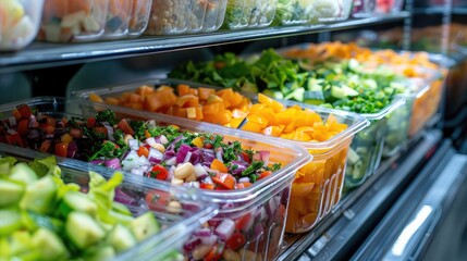 Commercial refrigerator containing pre packaged vegetable salads in plastic containers