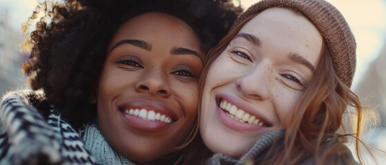 Fototapeta premium Radiant friends taking a selfie with beaming smiles and winter wear.