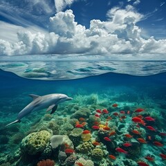 Above and below surface of the Caribbean sea with coral reef, fishes and dolphin underwater and a...