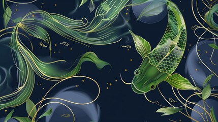 A green koi fish with a dark blue background featuring gold lines and leaves, website background, design template