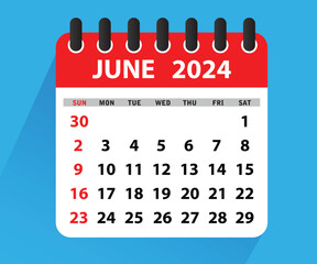 June 2024 Calendar Leaf. Calendar 2024 in flat style. June 2024 Calendar. Week starts on Sunday. Blank Calendar Template. Stationery Design. Vector Illustration