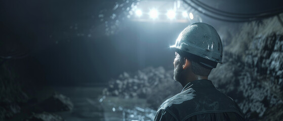 Naklejka premium Miner clad in protective gear pauses, contemplative, in the subterranean labyrinth of his trade.