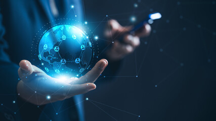 Customer relationship management, Businessman hold of global HR recruitment customer network technology, Data exchanges development. customer service,Teamwork, Business strategy.