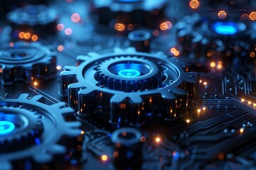 Macro shot, sapphire blue gears, sharp focus, glowing circuit lines background, futuristic