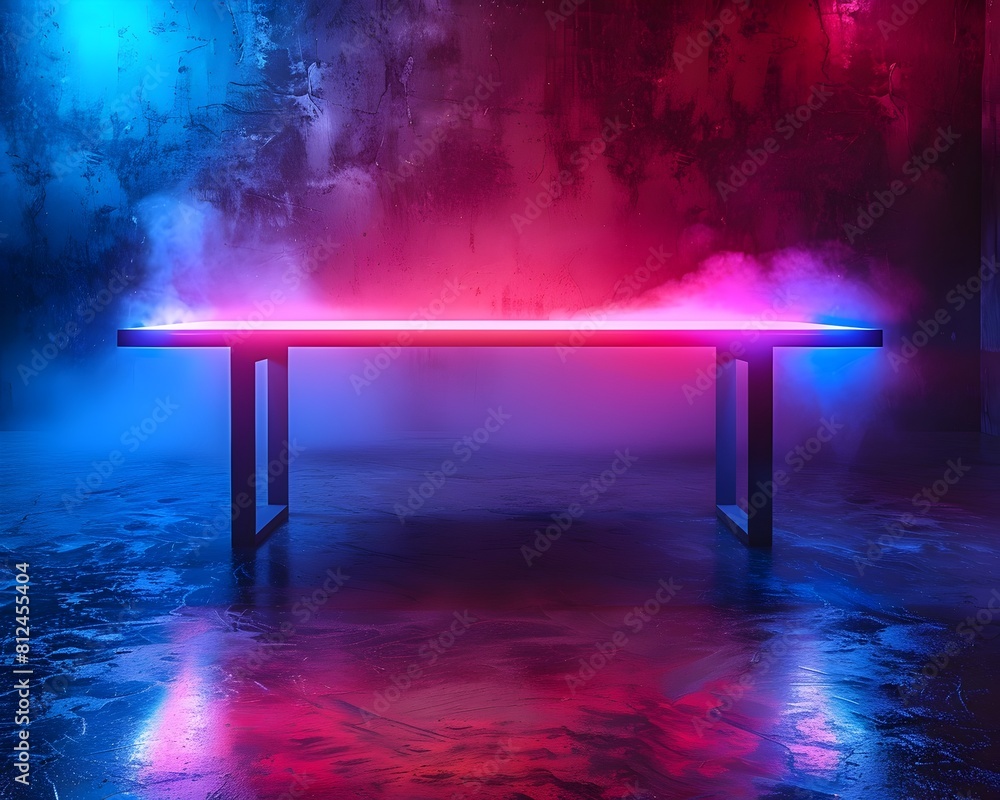 Poster vibrant neon lit table in dark studio setting for trendy tech product display description this image
