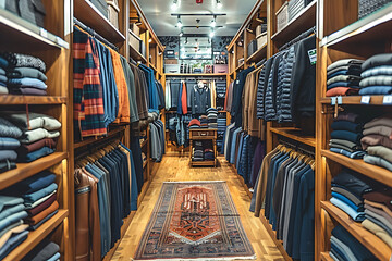 Luxury clothes in the shop, fashionable men's clothing store with a stylish interior design in shopping mall, Selling a variety of clothing and apparel