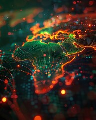 Hightech world map, eyelevel, neon www threads weaving, dynamic, continents in cyber harmony