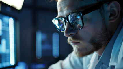 A focused scientist delves into data analysis, his vision augmented by cutting-edge technology.