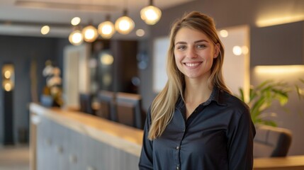 A happy female hotel receptionist standing in the office.
