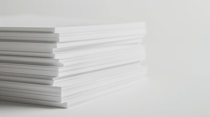 Stack of fresh, untouched white paper against a minimalist white background.