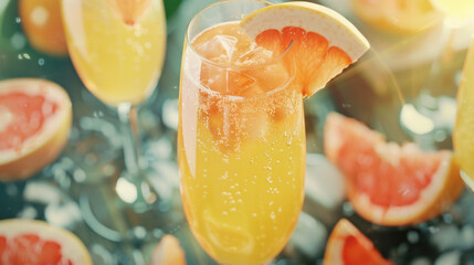 Sparkling mimosas with fresh grapefruit garnish glisten in the gentle sunlight.