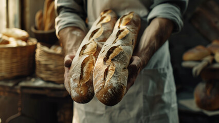 Hands of a baker presenting freshly baked artisan bread, a symbol of traditional craftsmanship.