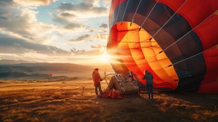 Obraz premium Preparing a hot air balloon to take off wide angle lens realistic realistic lighting
