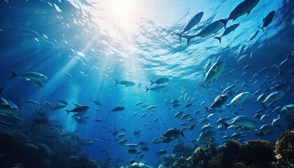 Groups of giant Tuna fish in the underwater, coral reef, amazing underwater life, various fish and exotic coral reefs, ocean wild creatures background