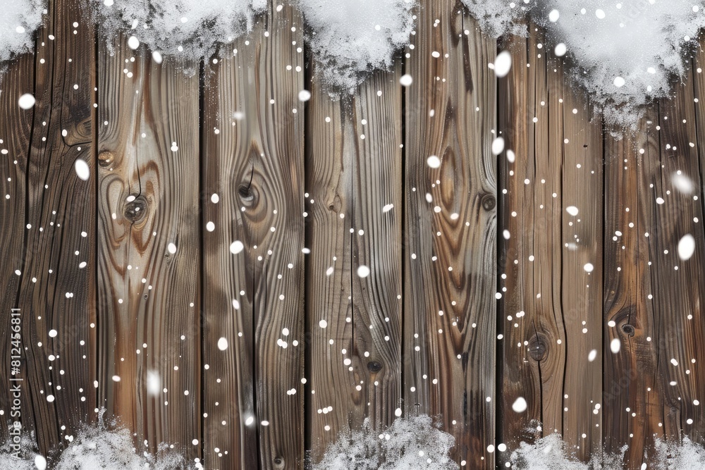 Poster a wooden background with snow falling on it. the snow is falling in a way that it looks like it's co