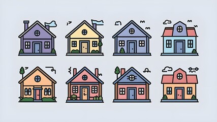 Fototapeta premium House, home, property, cottage editable stroke outline icons set isolated on white background flat vector illustration. Pixel perfect