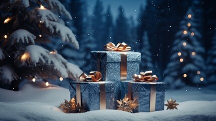 christmas presents in the snow covered pine forest and mountains, xmas gifts in the festive night