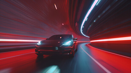 Naklejka premium A futuristic car races through time, enveloped in the pulsing glow of a neon tunnel.