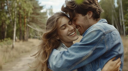 Fototapeta premium Joy radiates as a couple embraces in a candid forest whirl, a moment of pure connection.