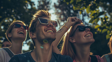 Fototapeta premium Euphoric group of friends look upwards, basking in summer sunlight.