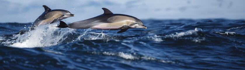 Fototapeta premium Dolphins Leaping Gracefully Over Ocean Waves.