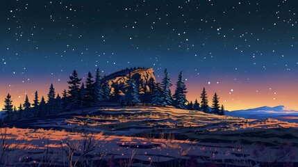 Night Landscape with Conifer Trees and Mountains