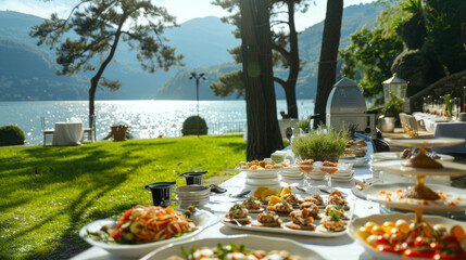 Lakeside gourmet brunch buffet with a serene view shimmering under the sun.